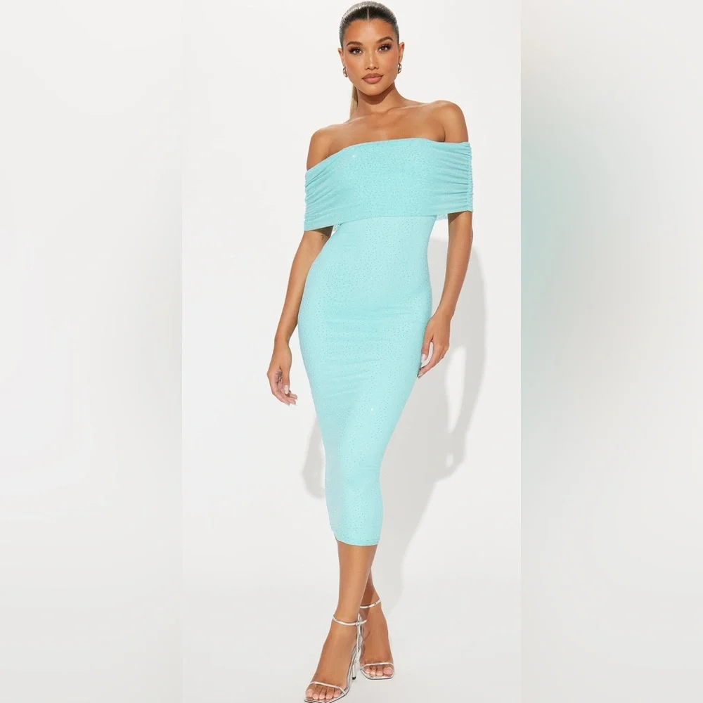 Fashion Nova Bling Bling Rhinestone Midi Dress In Aqua-Size Large NWT🩵🩵 - Picture 1 of 6